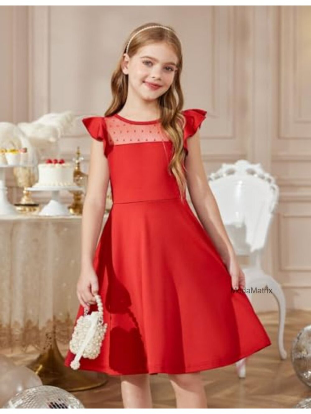 Girls Formal Party Wedding Dress Ruffle Sleeve A-Line Mesh with Pockets - Picture 4 of 6